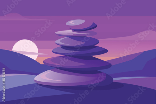 Zen balanced stone stack in a vibrant purple sunset Vector