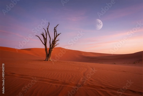 Fototapeta Naklejka Na Ścianę i Meble -  Solitary dead tree in a desert landscape at twilight with a crescent moon in the sky
