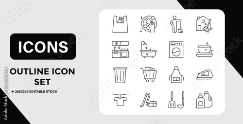 Outline Icon Set Featuring Cleaning Shopping and Household Chores in Black and White