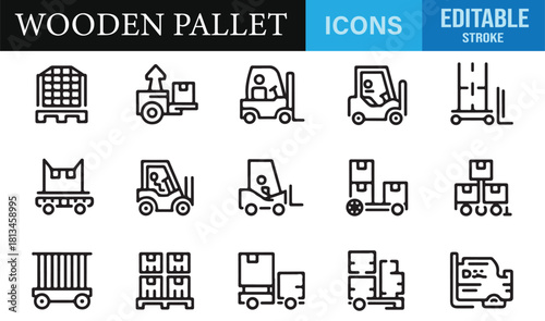 Editable stroke icon pack of pallet handling, freight loading, and industrial transport elements