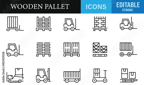 Minimal outline wooden pallet and logistics icon collection in editable stroke style