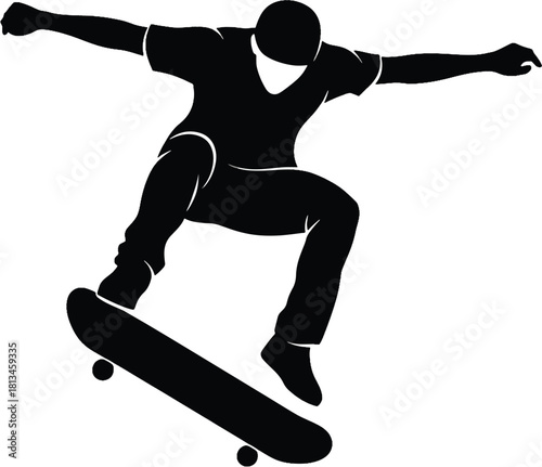 Skateboarder performing an ollie trick in mid-air, a dynamic black silhouette isolated against a clean white background, representing youthful energy and freedom. Vector