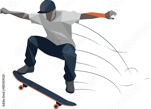 Young man in a cap performs a dynamic skateboard jump, showcasing urban extreme sport. flat vector illustration of a skater mid-air, balancing on his board. Vector