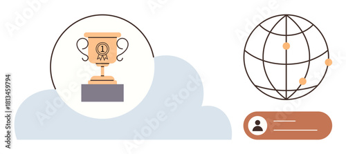 Trophy atop cloud signifies success and excellence. Globally connected network and user profile element enhance concept of digital recognition. Ideal for accomplishments, networking, online