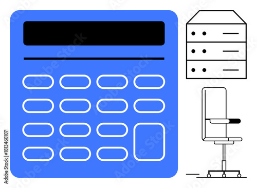 Large calculator symbolizes efficiency, office chair reflects comfort, filing cabinet for organization. Ideal for work, finance, technology, productivity, minimalism, business planning simple flat