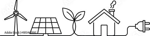 Sustainable home energy wind solar and green power line art illustration