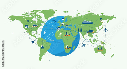 Global Logistics Network Connecting Continents with Transportation Icons.