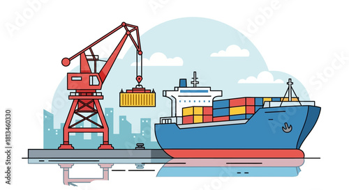 Cargo Ship Unloading Containers with Crane at Port.