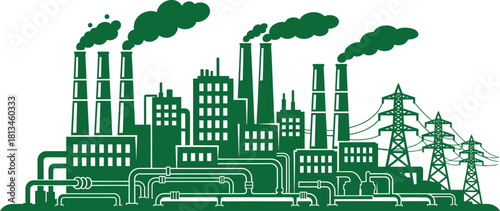 Green industrial plant silhouette with smoke and power lines illustration