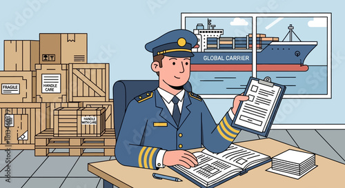 Customs Officer Inspecting Cargo Manifest at Port.
