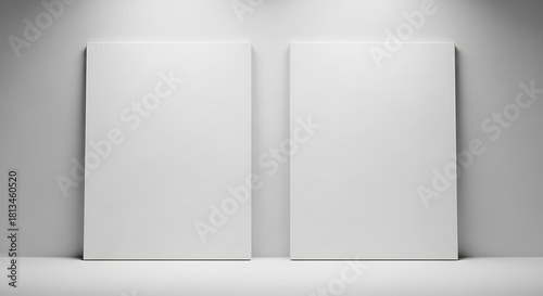 Two blank white canvas frames or posters leaning against a light gray wall, illuminated by spotlights, offering a clean mockup space