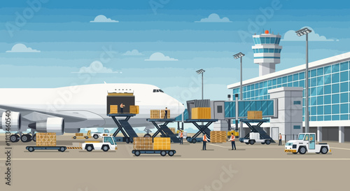Airport Cargo Operations with Airplane and Ground Support Equipment.