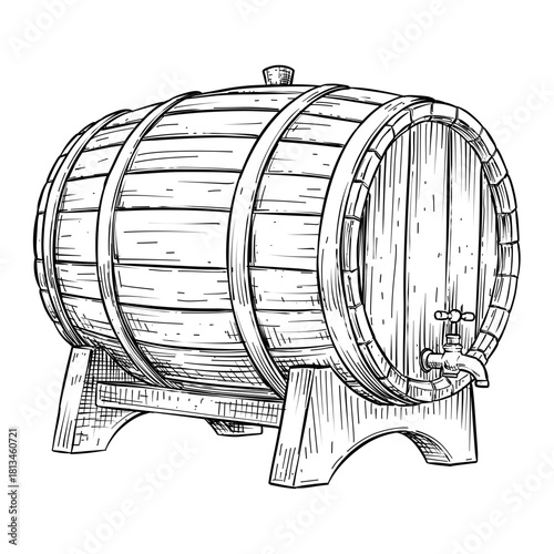 old wine barrel vector line art hand drawn illustration