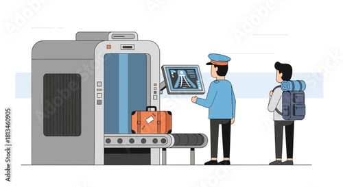 Airport Security Checkpoint with Officer and Passenger Illustration.