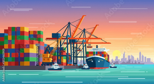 Busy Shipping Port with Cargo Ship and Cranes at Sunset.