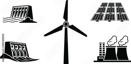 Energy sources icon set featuring wind solar hydro and nuclear power