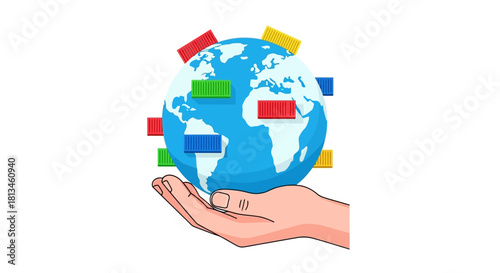 Hand Holding Globe Surrounded by Flags Representing Global Connection.