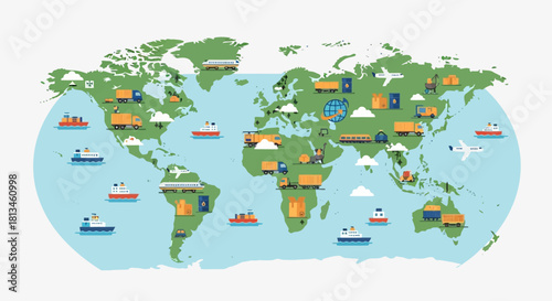 World Map with Global Trade and Industry Icons.