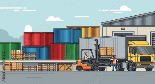 Cargo Unloading with Forklift at Warehouse Dock.