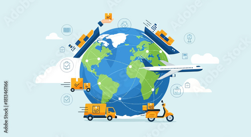 Global Logistics Network with Trucks, Planes, and Ships Around the World.