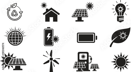 Collection of black and white eco friendly energy icons