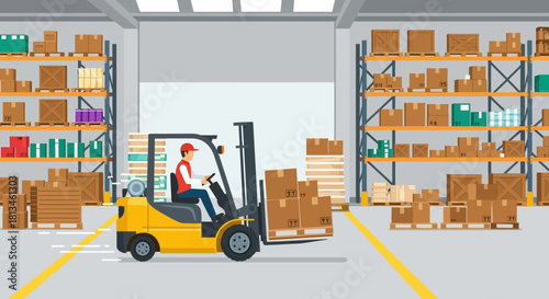 Forklift Operator Moving Boxes in Warehouse.