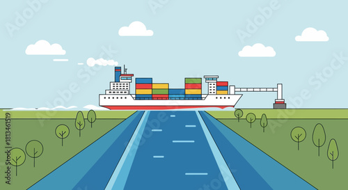 Cargo Ship on Canal - A Vector Illustration of Global Trade.