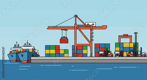 Busy Port Scene with Ship, Cranes, and Cargo Containers.