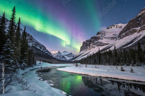 Spectacular northern lights dance over a frozen mountain landscape at night