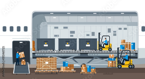 Cargo Plane Loading with Forklifts and Boxes.