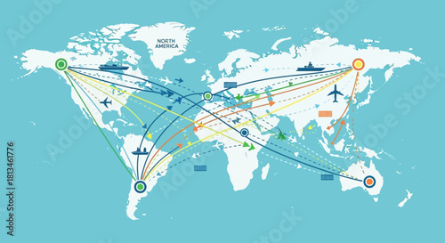 Global Trade Routes on World Map Illustration.