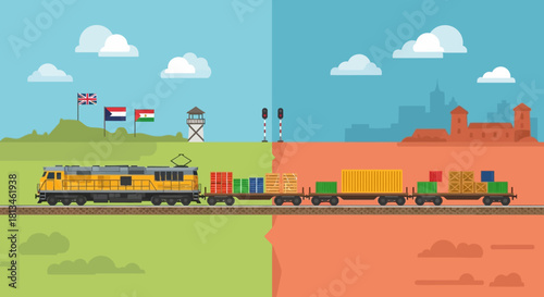 Freight Train Illustration with Cargo Cars on Railway Track.