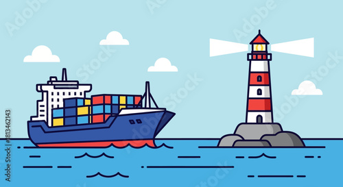 Container Ship Navigating Near Lighthouse Illustration.