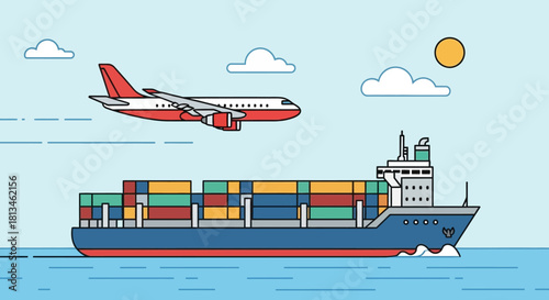 Cargo Ship and Airplane Illustration - Global Transportation and Logistics.
