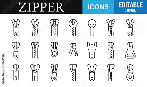 Modern thin-line zipper icons set for apparel, textile, and accessory graphics