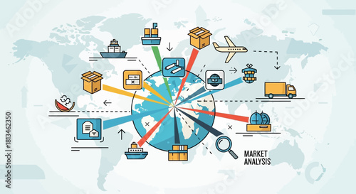 Global Logistics Network with Transportation Icons and World Map.