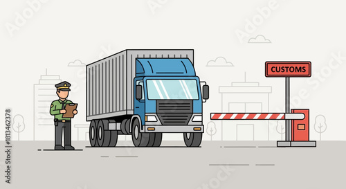 Customs Inspection - Truck and Officer at Border Crossing.