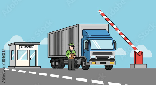 Customs Inspection - Truck and Officer at Border Crossing.