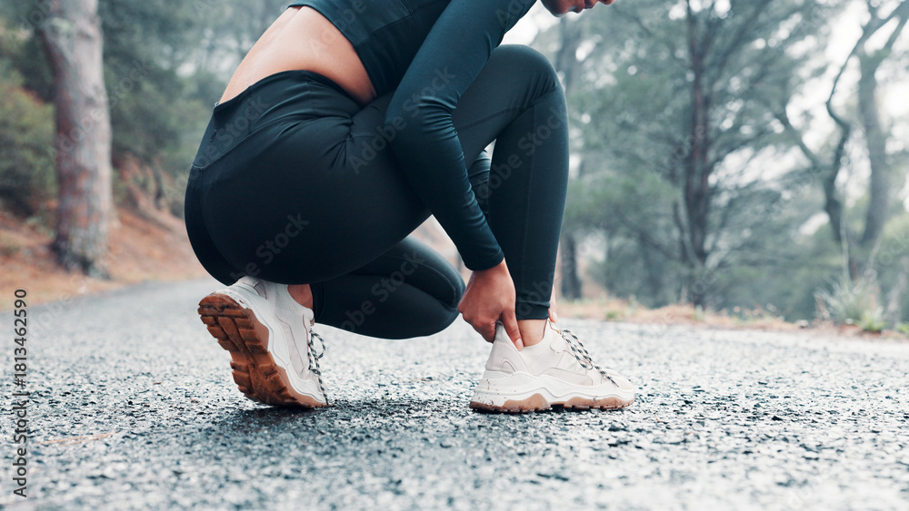 Obraz premium Hands, woman and ankle pain from fitness outdoor, sports injury and muscle cramp. Athlete, female runner and discomfort from exercise mistake, joint inflammation and calf strain for training accident