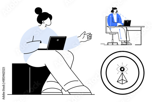 Remote collaboration. Remote collaboration with stylized professionals and abstract monitoring symbol. Remote collaboration in workplaces, digital tools, team communication. For tech, teamwork
