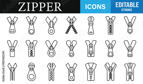 Editable stroke zipper vector pack featuring multiple functional fastener styles
