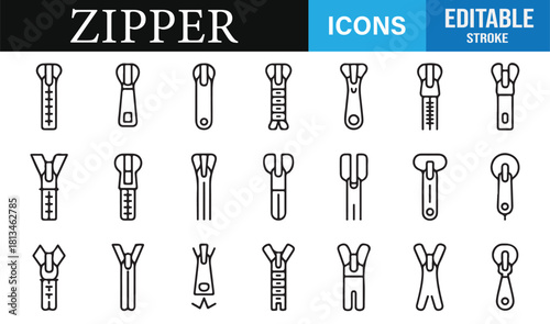 Set of clean vector zipper symbols showing different garment fastener configurations