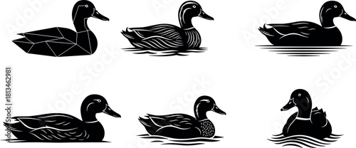 Stylized duck illustrations swimming in water, geometric to cartoon styles, black-white artistic grid - flavector