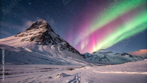 The majestic matterhorn silhouetted against a vibrant aurora borealis display