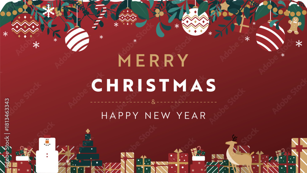 Naklejka premium クリスマスオーナメントとプレゼントボックスで飾られたクリスマスの背景テンプレート(赤) Christmas background template decorated with Christmas ornaments and gift boxes (red)