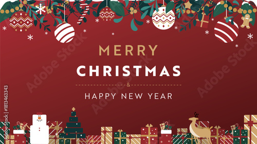 クリスマスオーナメントとプレゼントボックスで飾られたクリスマスの背景テンプレート（赤）　Christmas background template decorated with Christmas ornaments and gift boxes (red)