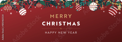 クリスマスオーナメントで飾られたクリスマスのバナー背景テンプレート（赤）　Christmas banner background template decorated with Christmas ornaments (red)