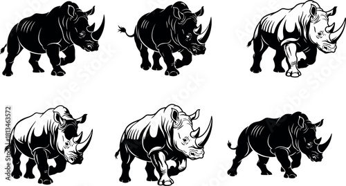 Stylized rhinoceros illustrations in dynamic poses, black shading, white highlights, muscular horned animals - flavector