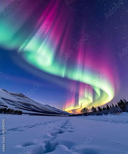 Vibrant aurora borealis dances over a snowy landscape at night