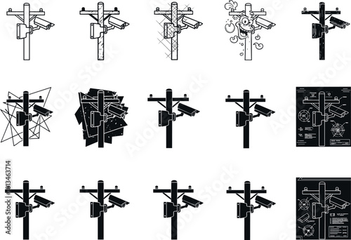 Stylized surveillance camera icons on poles – flavector security design set for UI and concept art